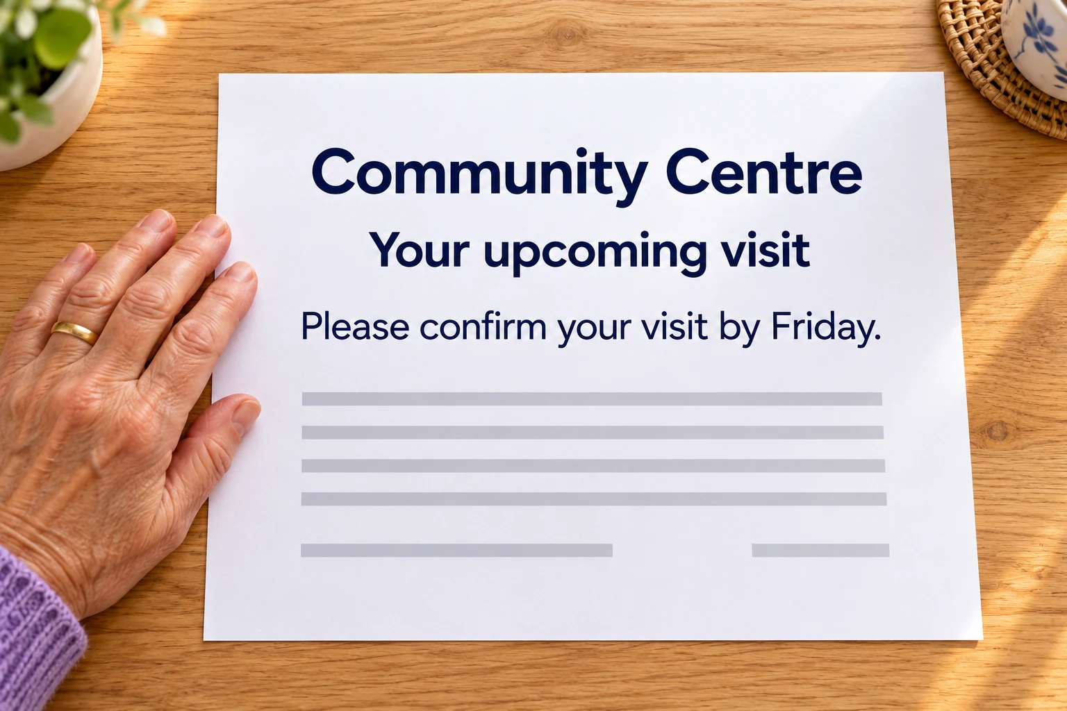 A community centre letter on a wooden table asks you to confirm your upcoming visit by Friday.