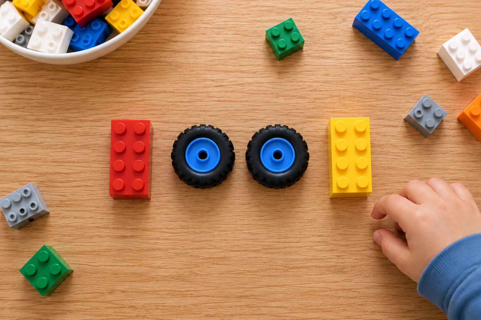 Two black wheels with blue centres sit between a red brick on the left and a yellow brick on the right, with a child’s hand beside them.