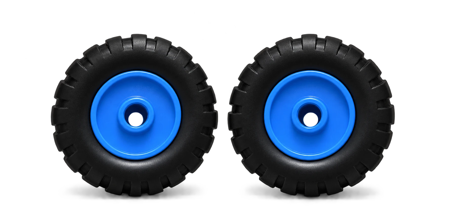 Two black toy wheels with blue centres.