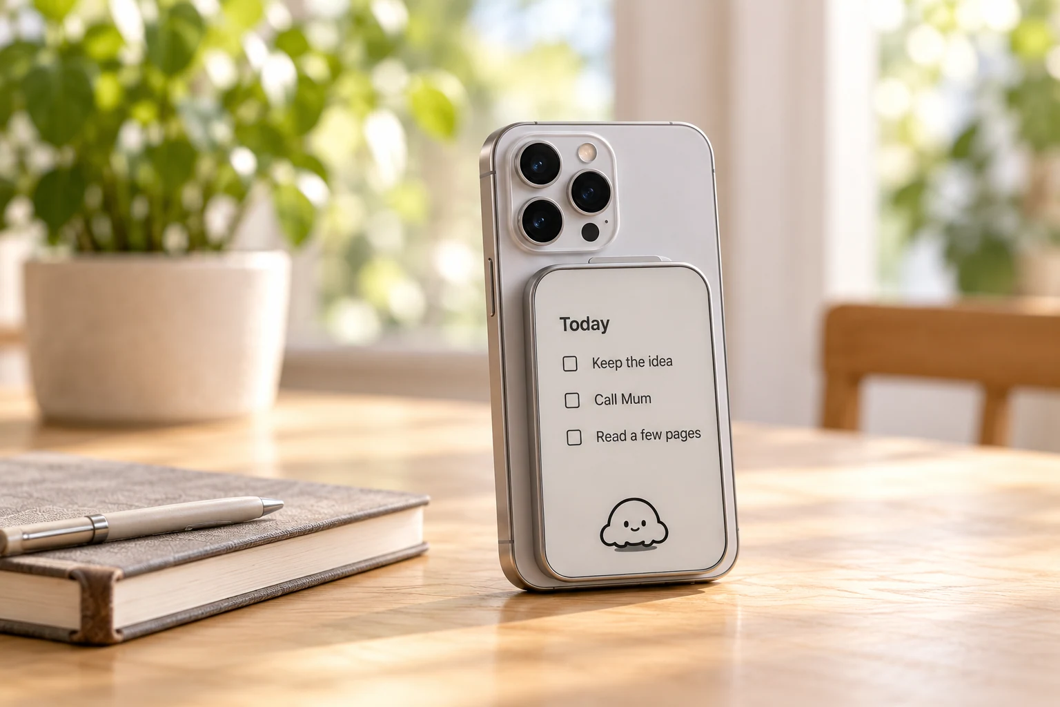 The back of a silver phone with a monochrome GLUE e-ink accessory showing a short daily list, beside a paper notebook.